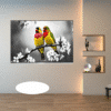 Tableau déco deux oiseaux colorés sur branche fleurie