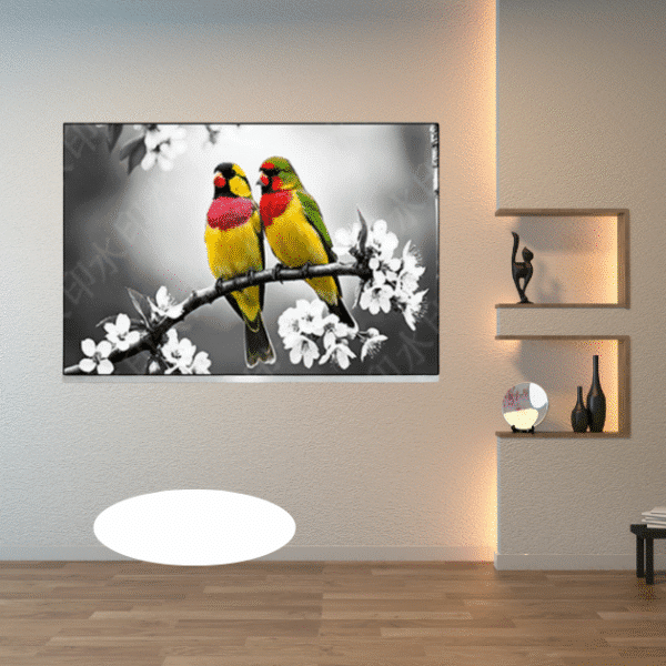 Tableau déco deux oiseaux colorés sur branche fleurie